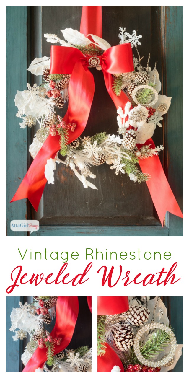 Bring a little sparkle and shine (and lots of glitter!) to your Christmas decorating by making a jeweled Christmas wreath using vintage rhinestone jewelry.