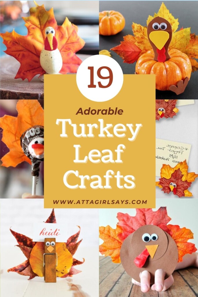 collage of Thanksgiving turkey craftss made with leaves