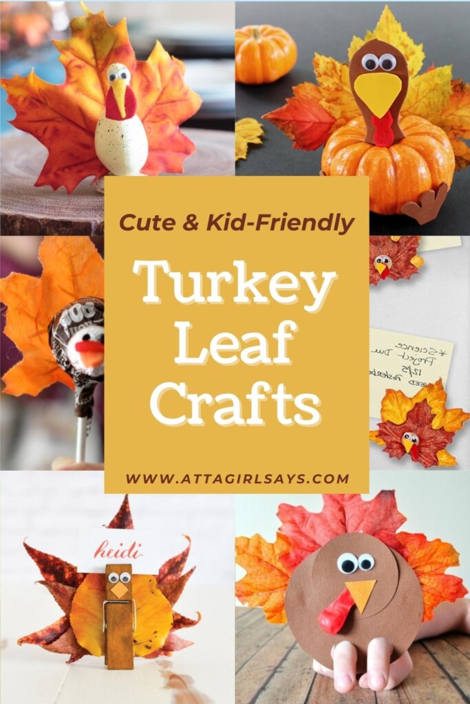 collage of Thanksgiving turkey craftss made with leaves