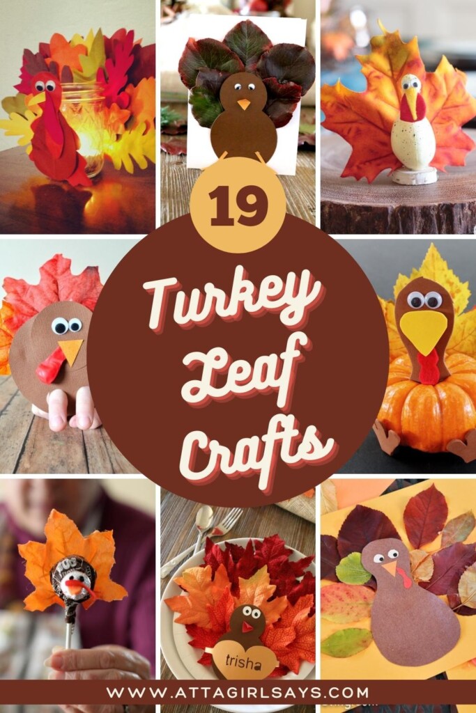 collage of Thanksgiving turkey craftss made with leaves