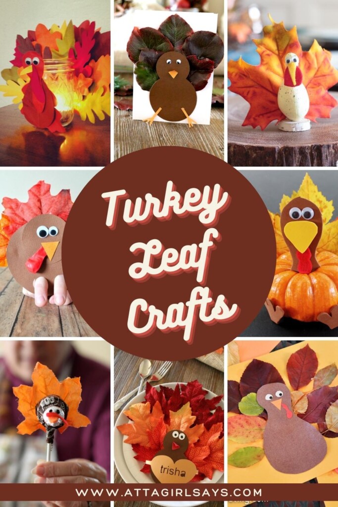 collage of Thanksgiving turkey craftss made with leaves
