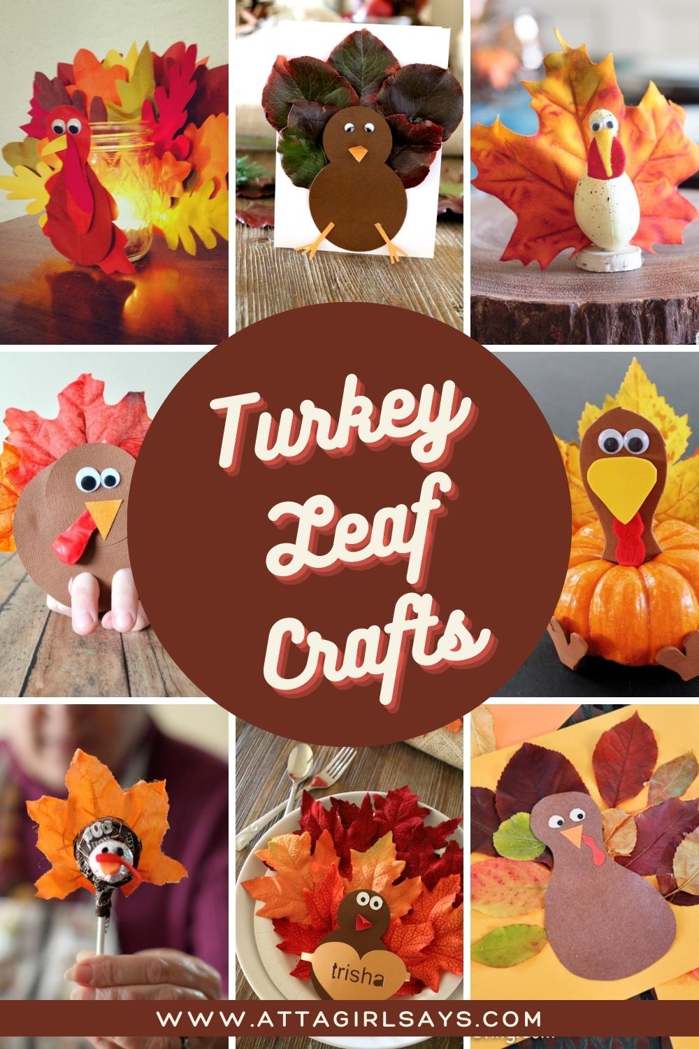 collage of Thanksgiving turkey craftss made with leaves