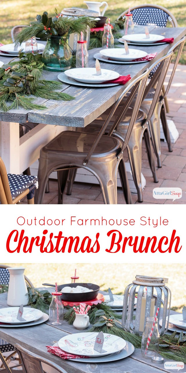 If you live in a temperate climate, invite friends and family over for a Christmas brunch outside. I used simple greenery, galvanized accessories and milk bottles to give our farmhouse table a festive touch.