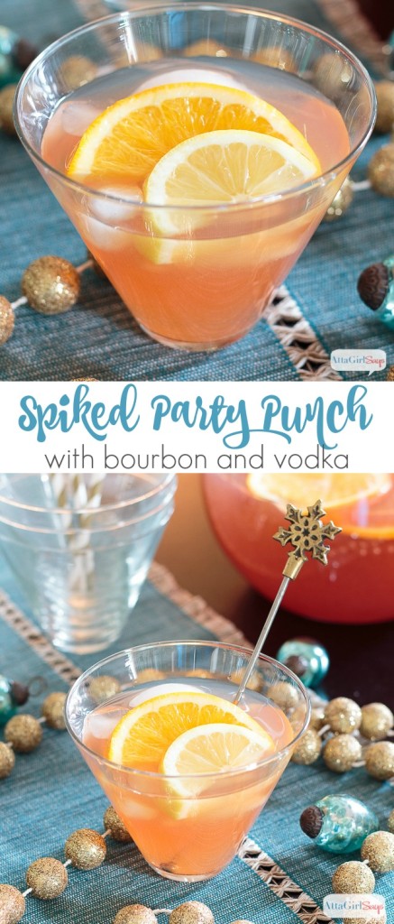 This adults-only party punch recipe is spiked with bourbon and vodka. The festive combination of flavors is great for a Christmas party or a New Year's Eve celebration.
