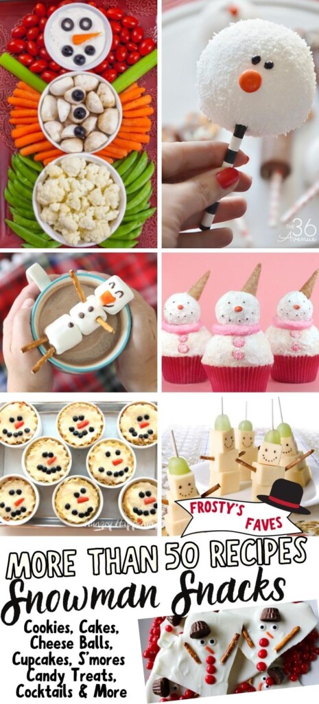 collage of snowman snacks, sweets and savory treats