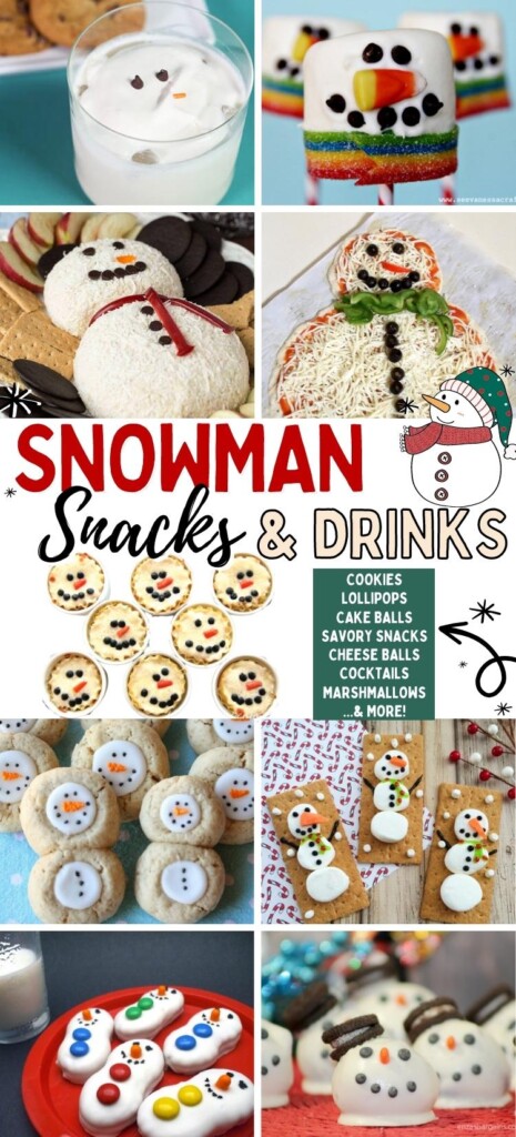 collage of snowman snacks, cookies, cheeseballs and more