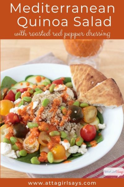 Mediterranean Quinoa Salad with roasted red pepper dressing
