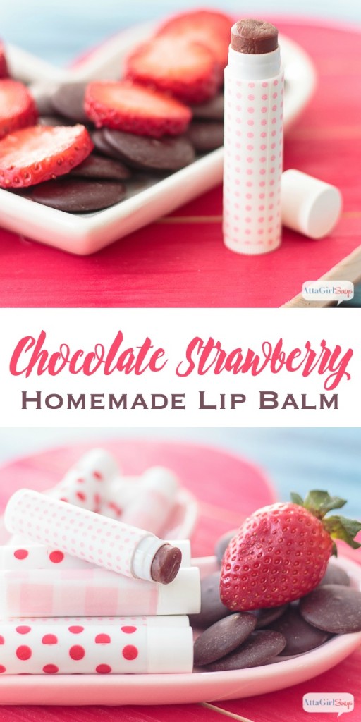 if you love chocolate-covered strawberries, you'll love this moisturizing homemade lip balm made with dark cocoa butter and strawberry flavor oil.