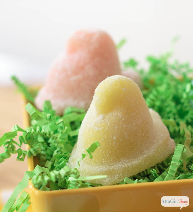 These Easter Peeps sugar body scrub soaps look good enough to eat. Add your favorite confectionery scents and pastel colors to make bathtime super sweet. And you can make a batch in less than 5 minutes! These would be great to include in a child's Easter basket. Just make sure they don't try to take a bite.