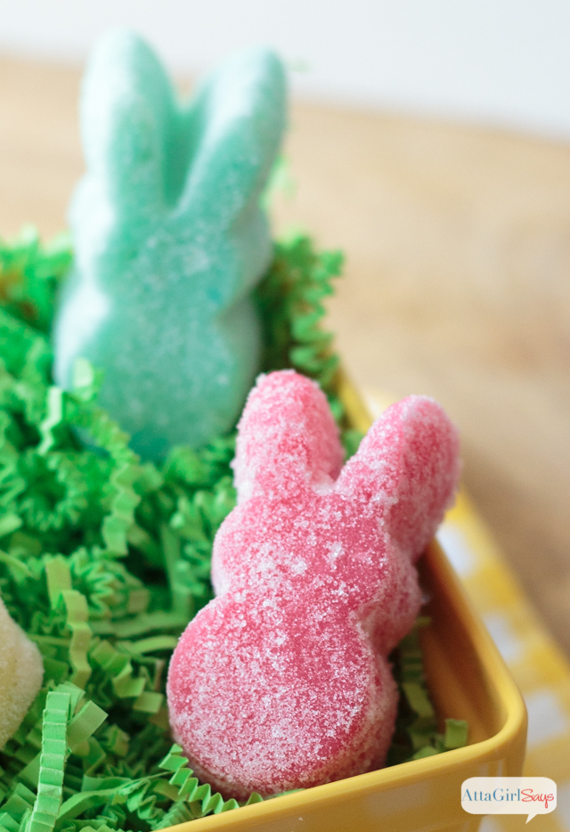 These Easter Peeps sugar body scrub soaps look good enough to eat. Add your favorite confectionery scents and pastel colors to make bathtime super sweet. And you can make a batch in less than 5 minutes! These would be great to include in a child's Easter basket. Just make sure they don't try to take a bite.