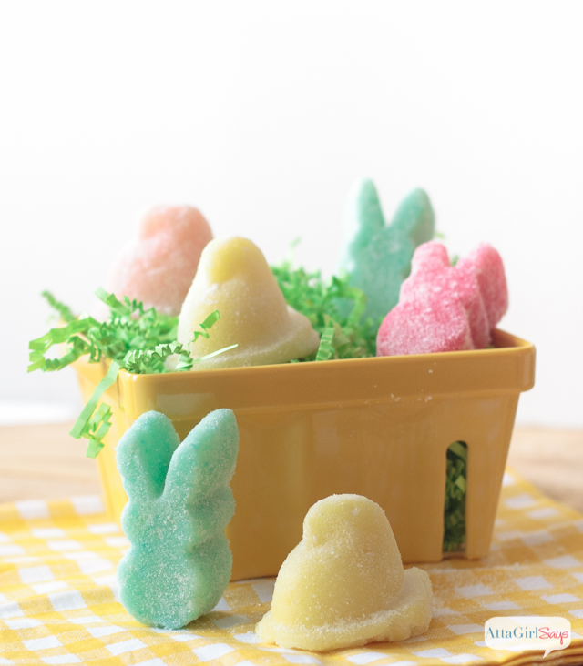 These Easter Peeps sugar body scrub soaps look good enough to eat. Add your favorite confectionery scents and pastel colors to make bathtime super sweet. And you can make a batch in less than 5 minutes! These would be great to include in a child's Easter basket. Just make sure they don't try to take a bite.