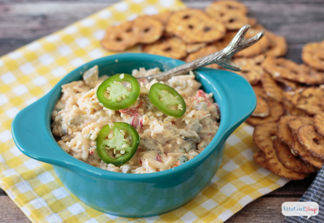 Made with three cheese, this gourmet pimento cheese spread is great on sandwiches. It also makes a great party spread. #SnackSnapShare #SnackStories #ad