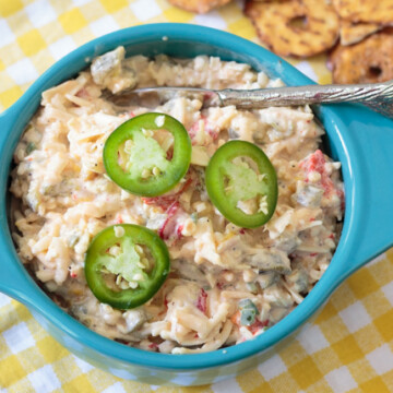 pimento cheese topped with jalapeno peppers