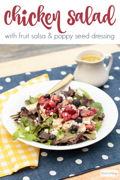 This delicious, light and healthy grilled chicken salad celebrates the bounty of spring with a homemade fruit salsa and tangy poppy seed dressing. #sponsored #FreshWorksFreshness