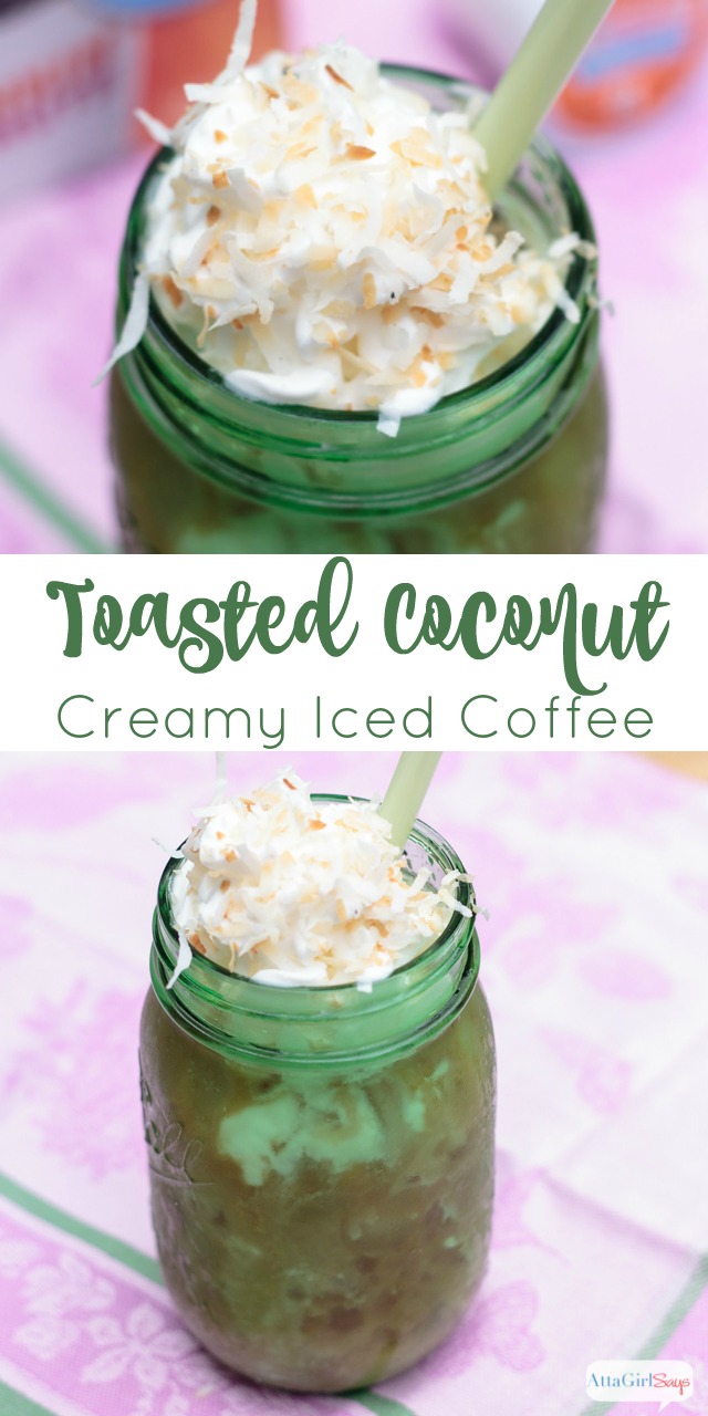 This toasted coconut iced coffee recipe is a creamy, cold, refreshing treat on a hot summer day. #sponsored
