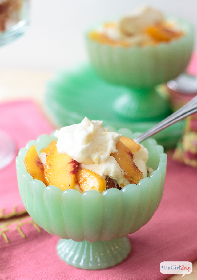 This peach trifle icebox cake, made with fresh, seasonal peaches, angel food cake and sweetened condensed milk, is the perfect summertime dessert. It's a light and airy confection, featuring vanilla, almond and peach flavors. It's an easy recipe that can be made ahead of time and kept in the refrigerator until you're ready to serve.