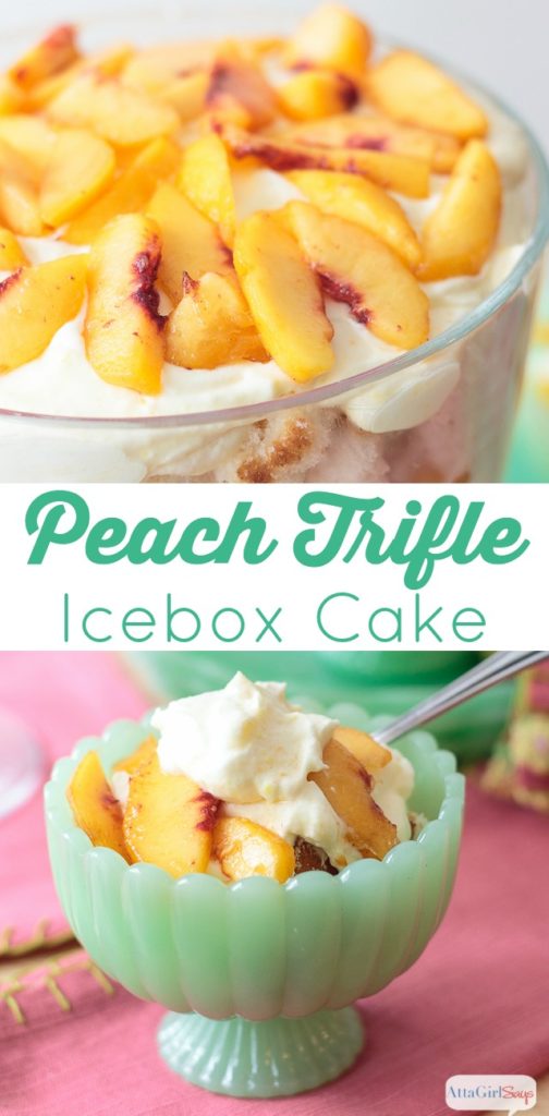 peach trifle icebox cake in trifle bowl and green jade bowls