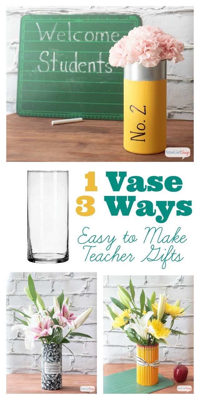 These school supply vases make great teacher appreciation gifts. Grab a bunch of glass vases from the dollar store, decorate them and fill them with a fresh bouquet.