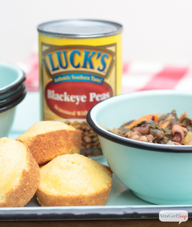 bowl of soup and cornbread in front of a can of blackeye peas