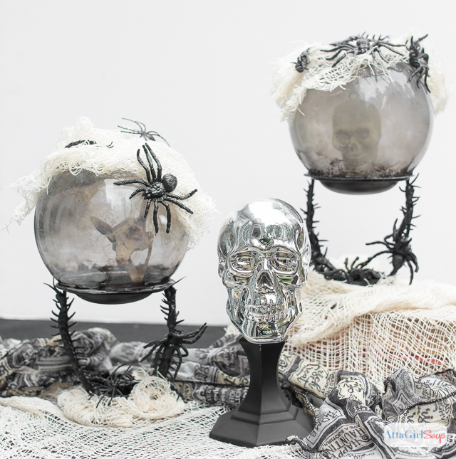 Learn how to make these spooky crystal balls and other scary decorations using Dollar Tree Halloween items. #ad #DollarTree