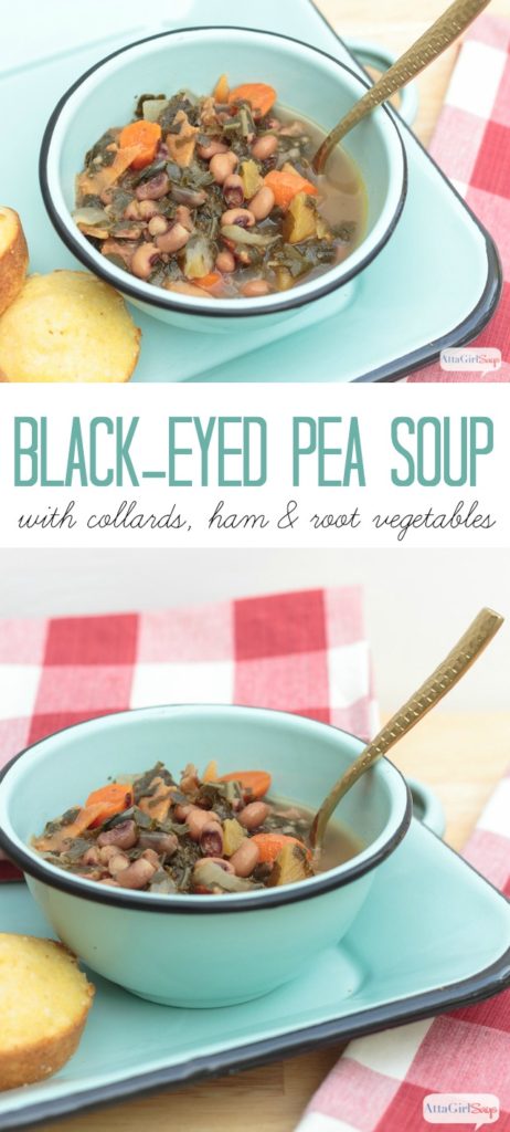 Looking for a quick, stick-to-your ribs meal for fall? This hearty black eyed pea soup with collards, ham and root vegetables is ready in 30 minutes with little prep work. #ad #LucksFoods