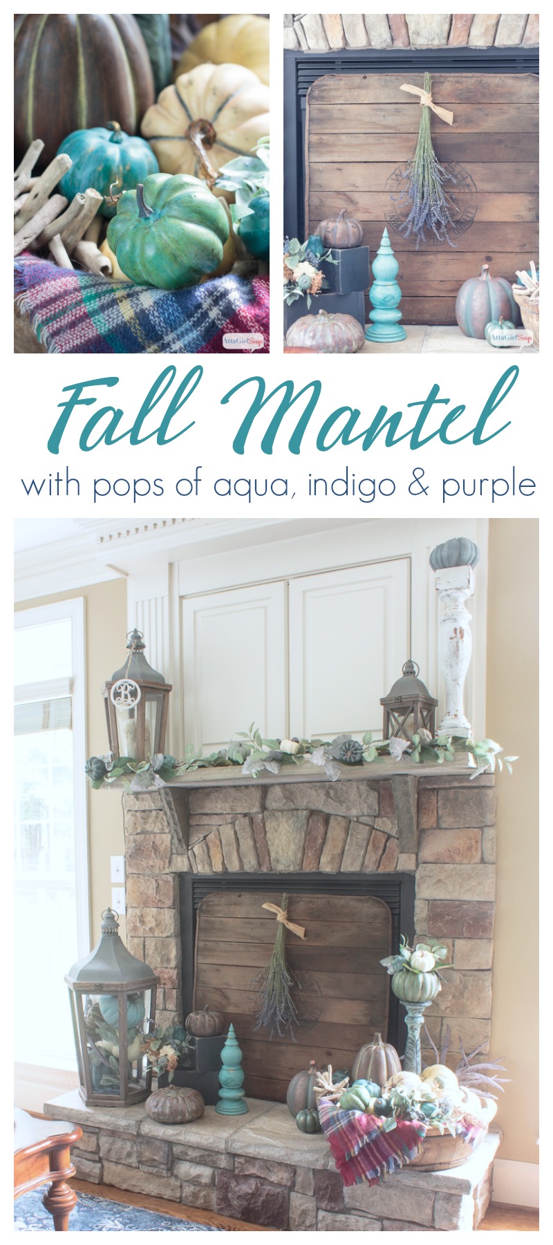 A cozy plaid blanket scarf inspired my fall fireplace mantel decor. Rather than traditional orange and yellow, I decorated with pops of aqua, indigo and purple. Be sure to click to see more gorgeous fall mantels.