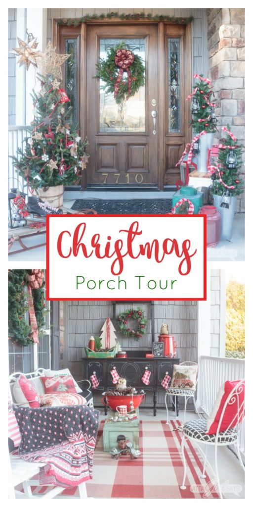 Tour this beautiful southern front porch decorated in vintage style for Christmas. You'll love the use of lanterns, beautiful ribbon and vintage thrifted finds in this stunning space. Which of these Christmas porch decor ideas would you use at your home?