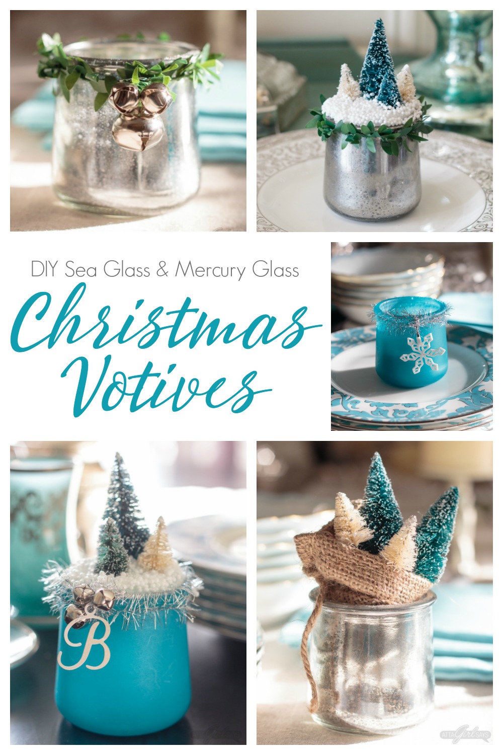 Turn glass yogurt jars into stunning sea glass and mercury glass votives. Add bottlebrush trees, greenery, tinsel and faux snow and use them as part of your Christmas decor. Click for step-by-step instructions and a complete supply list for making them. Plus check out the other ideas for repurposing jars and decorating with jars.