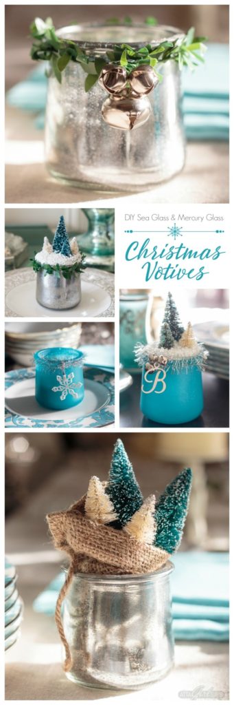 Turn glass yogurt jars into stunning sea glass and mercury glass votives. Add bottlebrush trees, greenery, tinsel and faux snow and use them as part of your Christmas decor. Click for step-by-step instructions and a complete supply list for making them. Plus check out the other ideas for repurposing jars and decorating with jars.