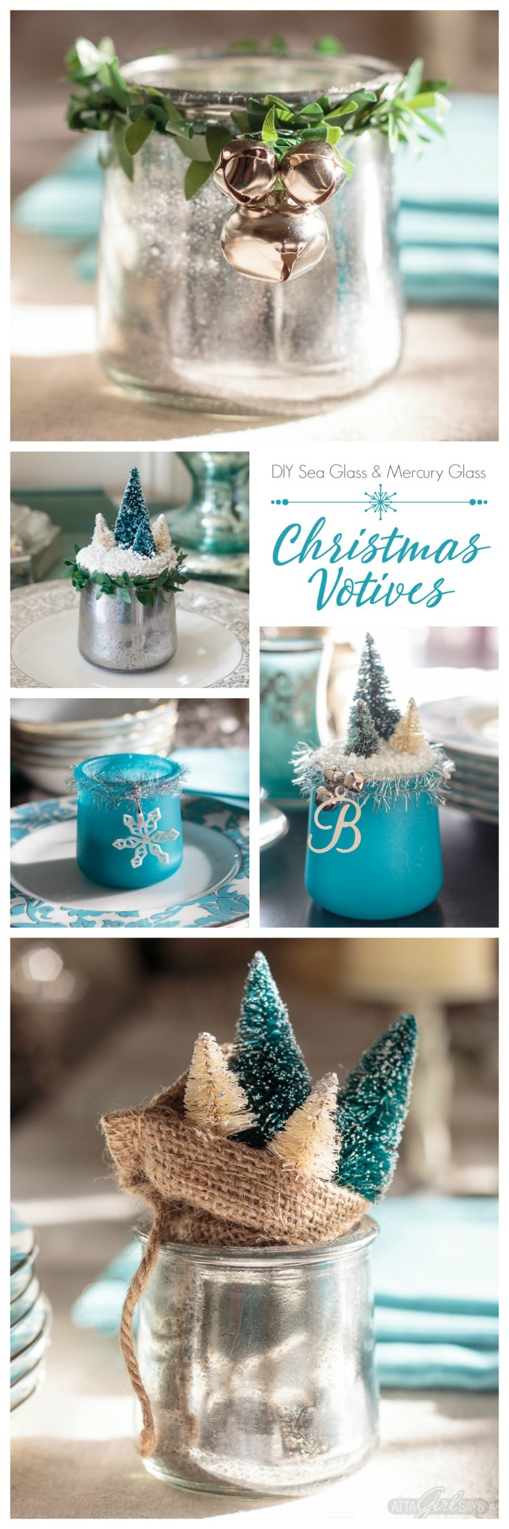 Turn glass yogurt jars into stunning sea glass and mercury glass votives. Add bottlebrush trees, greenery, tinsel and faux snow and use them as part of your Christmas decor. Click for step-by-step instructions and a complete supply list for making them. Plus check out the other ideas for repurposing jars and decorating with jars.