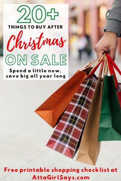 man carrying Christmas shopping bags with a text overlay 20+ Things to Buy After Christmas On Sale