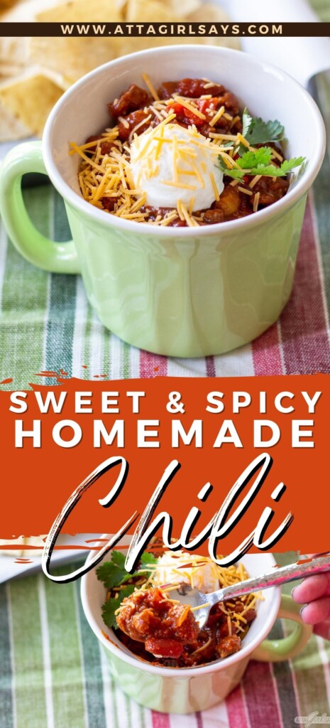 two bowls of spicy sweet chili with sour cream, cheese and cilantro