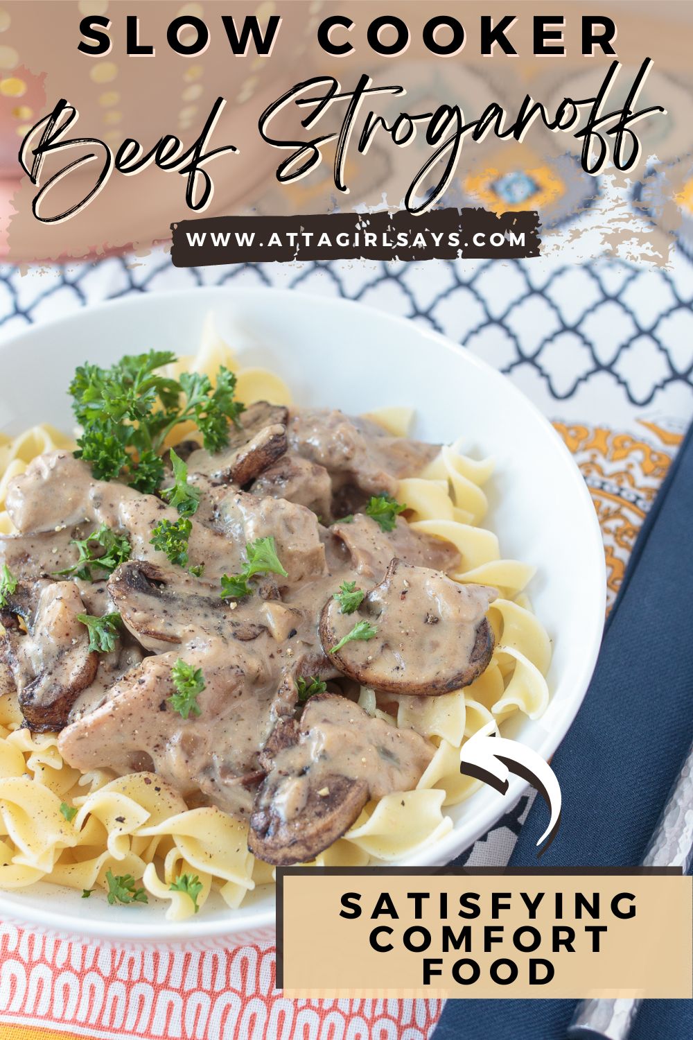 bowl of slow cooker beef stroganoff with mushrooms