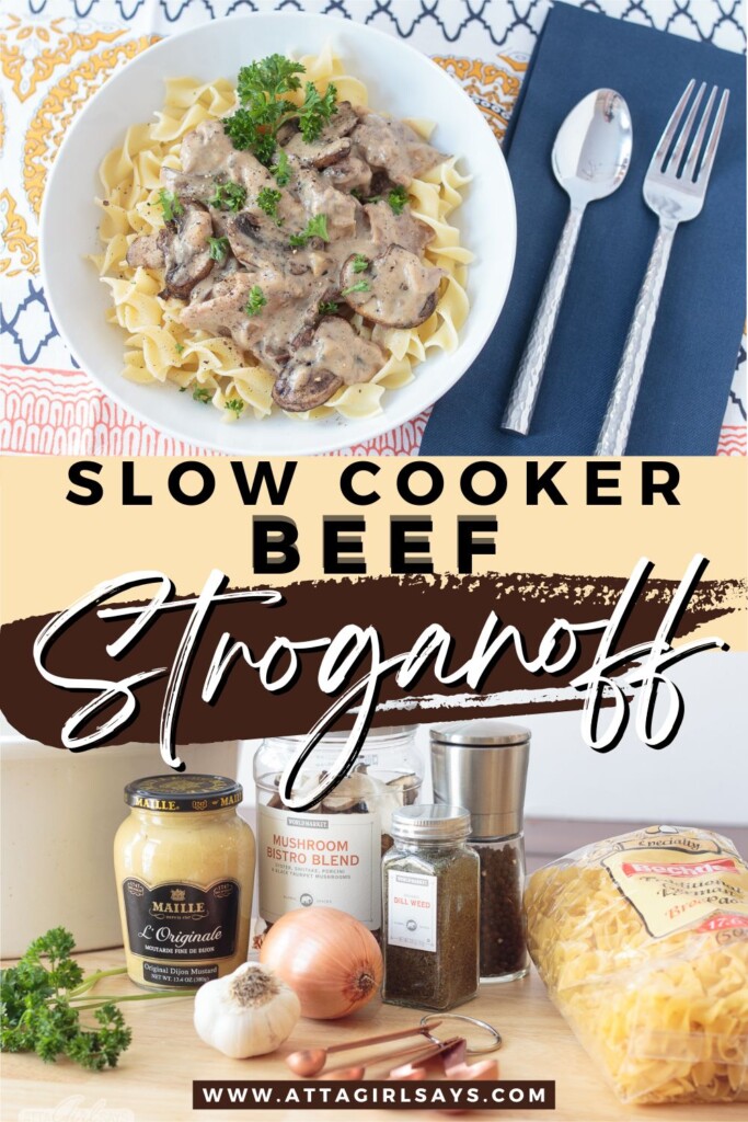 bowl of beef stroganoff and ingredients to make it