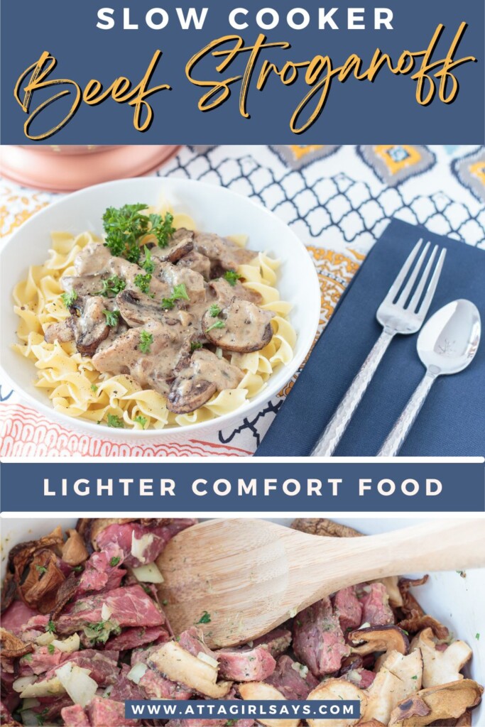 beef stroganoff in the slow cooker and in a bowl wih egg noodles