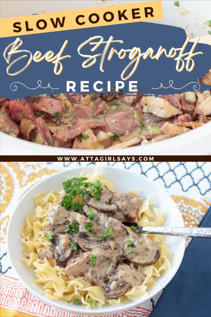 beef stroganoff in the slow cooker and in a bowl wih egg noodles