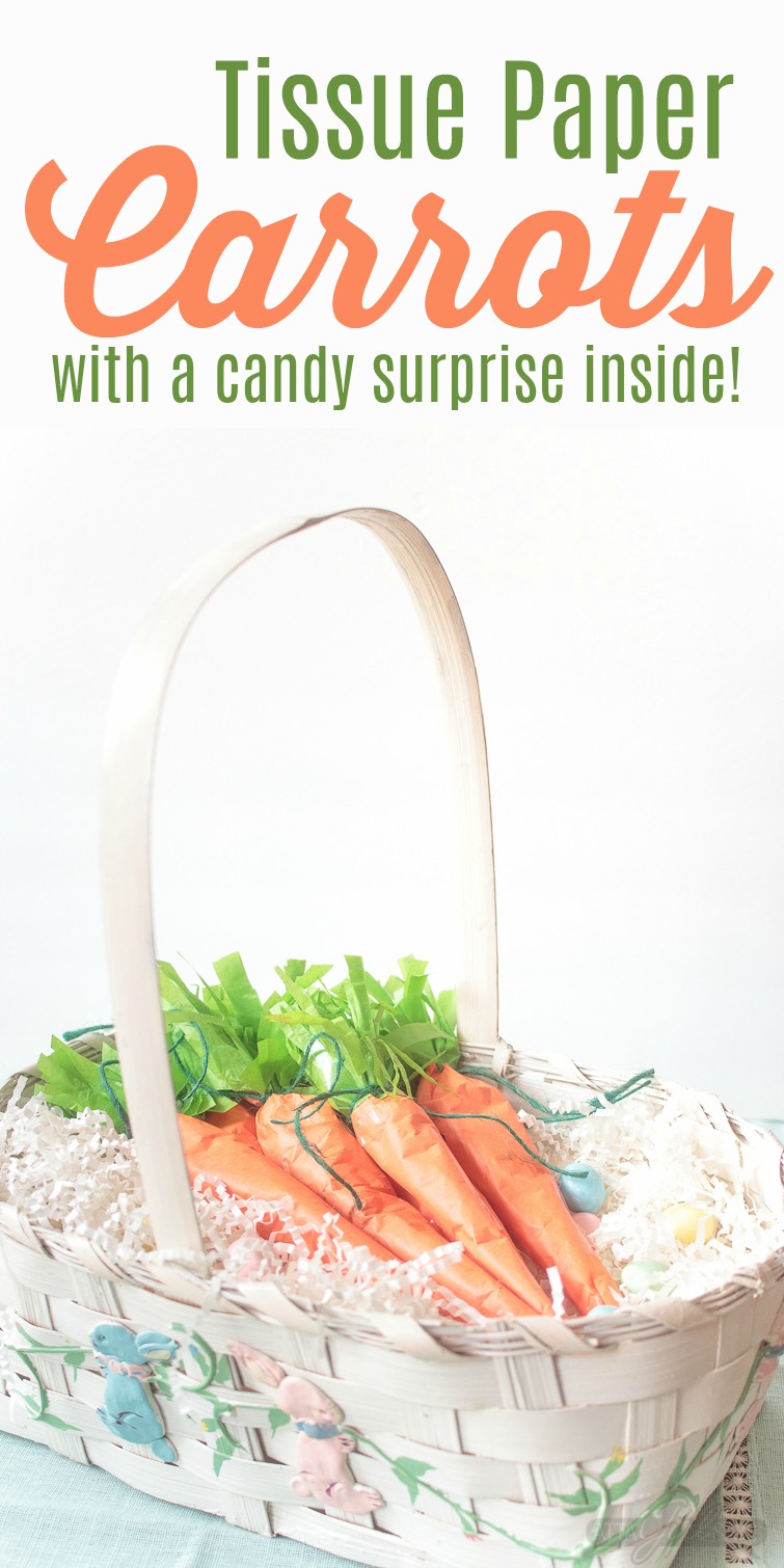 These tissue paper carrots hide a tasty surprise inside. Fill them with miniature chocolate eggs, jelly beans, M&M's or another favorite Easter candy. Click for step-by-step instructions, plus a supply list to make this adorable, edible Easter basket craft. #Easter #tissuepaper #carrots #eastercrafts