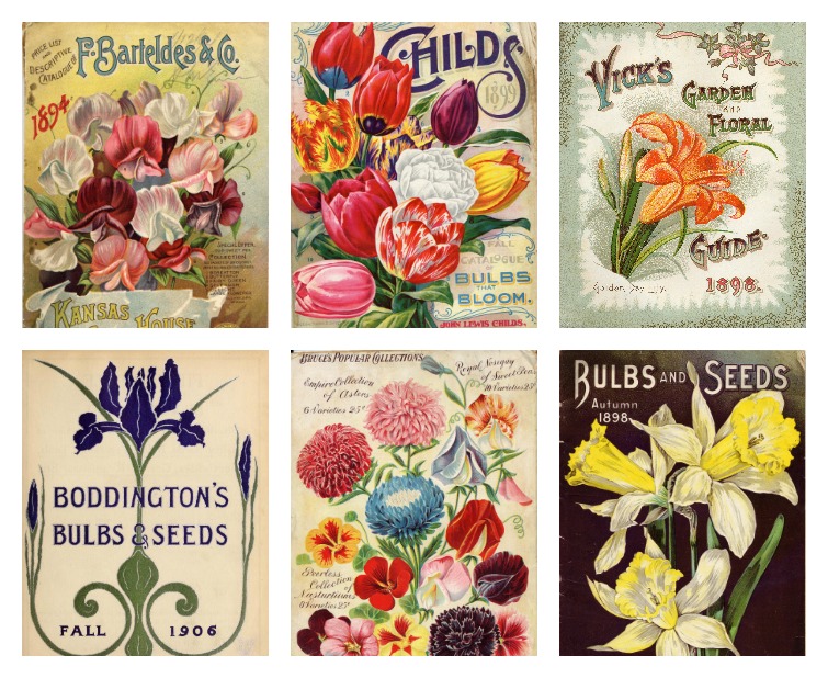 Print and make your own gardening themed party favor bags featuring artwork from vintage seed catalogs. This free collection includes lilies, tulips, daffodils, roses, hyacinths and other gorgeous spring flowers. Download all 22 designs, print them out using your &nbsp;home computer and learn step-by-step how to fold them into bags with this easy tutorial at AttaGirlSays.com. There's even a video demonstration. #springflowers #partyfavors #papercrafts #seedcatalogs #vintageflorals