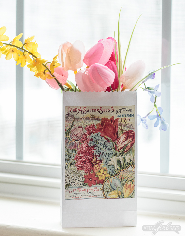 Print and make your own gardening themed party favor bags featuring artwork from vintage seed catalogs. This free collection includes lilies, tulips, daffodils, roses, hyacinths and other gorgeous spring flowers. Download all 22 designs, print them out using your &nbsp;home computer and learn step-by-step how to fold them into bags with this easy tutorial at AttaGirlSays.com. There's even a video demonstration. #springflowers #partyfavors #papercrafts #seedcatalogs #vintageflorals