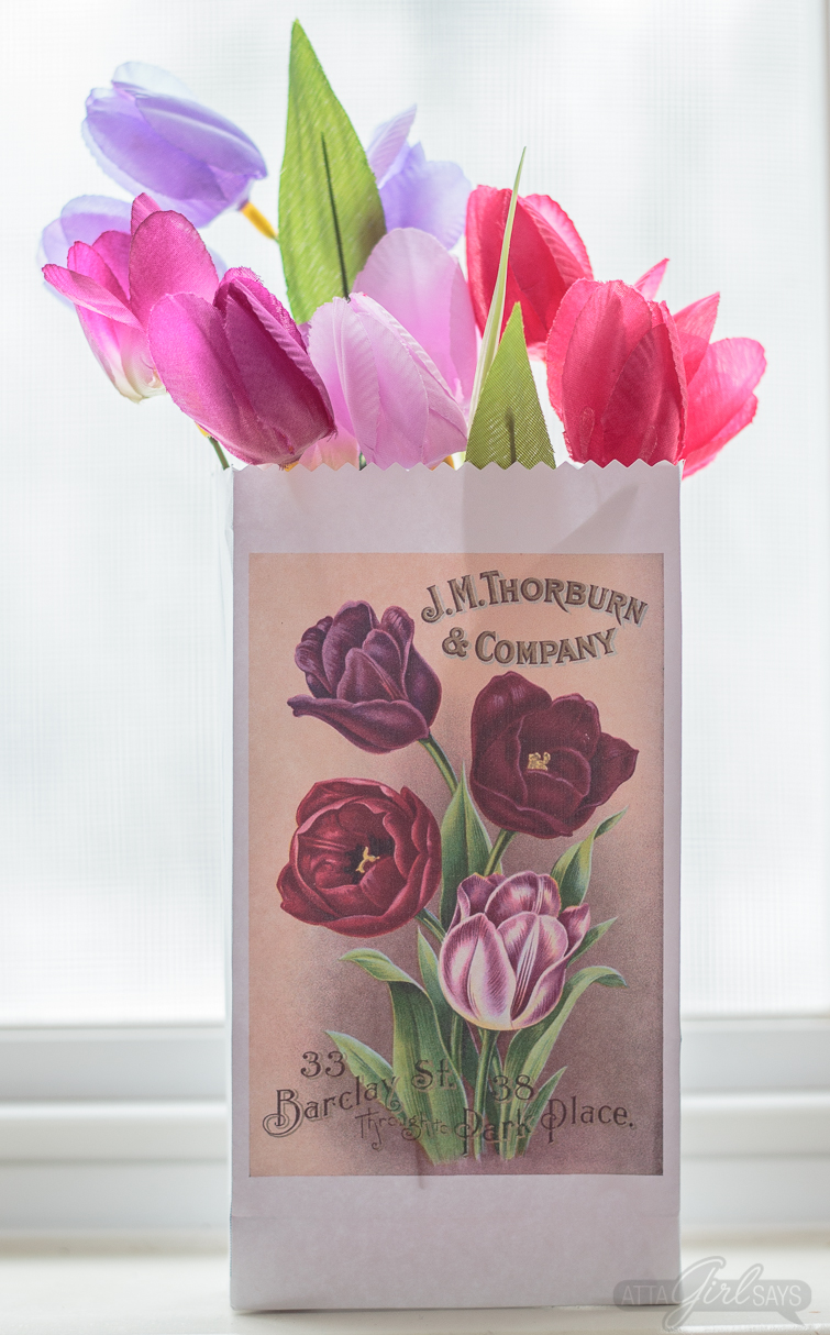 Print and make your own gardening themed party favor bags featuring artwork from vintage seed catalogs. This free collection includes lilies, tulips, daffodils, roses, hyacinths and other gorgeous spring flowers. Download all 22 designs, print them out using your &nbsp;home computer and learn step-by-step how to fold them into bags with this easy tutorial at AttaGirlSays.com. There's even a video demonstration. #springflowers #partyfavors #papercrafts #seedcatalogs #vintageflorals