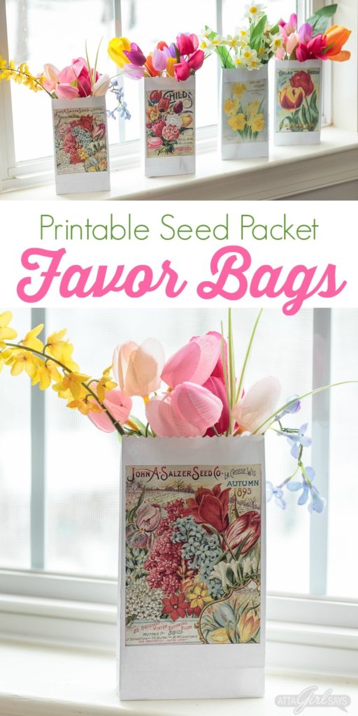 paper bags with floral prints filled with spring flowers