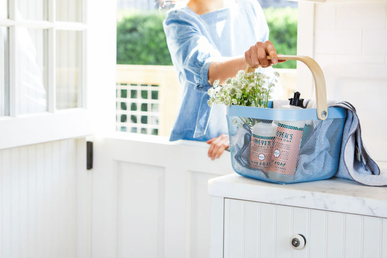 woman carrying a basket of soap, dish liquid and cleaning supplies 