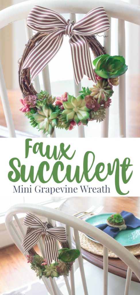 Learn how to make a realistic looking DIY faux succulent wreath for your summer decorating. Hang them on the backs of your dining chairs, on lampshades, on cabinet doors or anywhere else you like. They're great for summer and add a nice natural touch to your home decor. #succulents #succulentwreath #tablescape #decoratingideas #decoratingwithplants