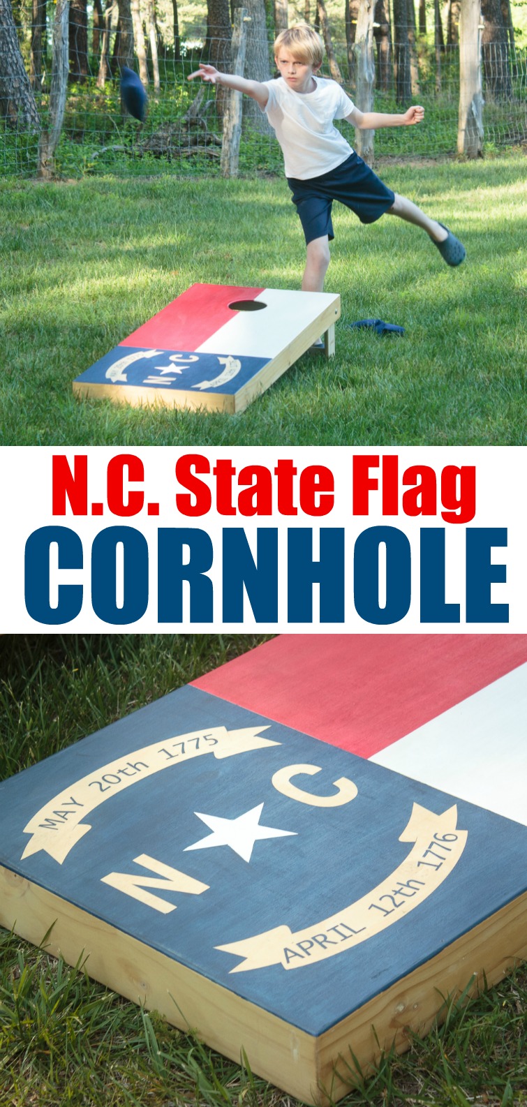 Create your own custom cornhole boards using colored stain and FrogTape. Click for the step-by-step directions on how to make this North Carolina state flag cornhole board design. #ad #cornhole #NCflag #yardgames #summerfun