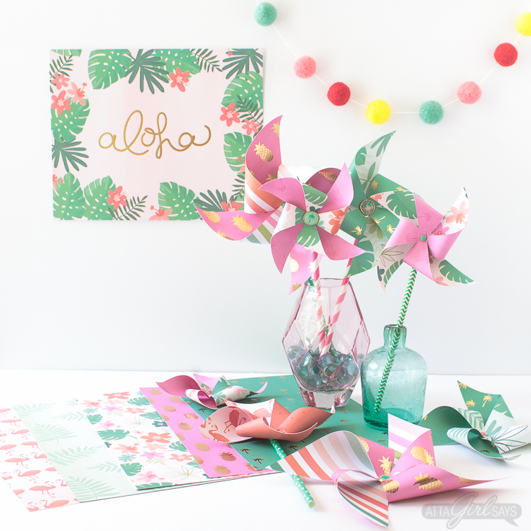 Need to add a festive touch to any occasion? Grab some pretty patterned scrapbook paper and I'll show you how to make pinwheels. They're so easy to make, even kids can help! Use your homemade pinwheels for party banners, cupcake toppers, centerpieces and more. #papercrafts #pinwheels #scrapbookpaper