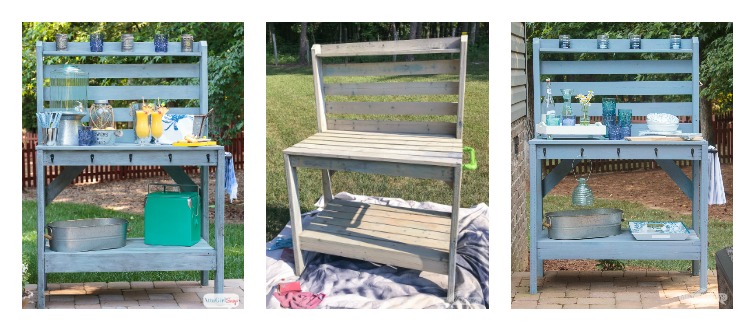 Side-by-side comparison of outdoor painted furniture. The image on the left is the potting bench server when it was new, finished with milk paint and outdoor stain. The middle image is after two years in the elements. Almost all of the finish has washed away or faded in the sunlight. The image on the right is after two coats of outdoor paint, applied with a Wagner FLEXiO sprayer. #ad #WagnerSprayers #paintedfurniture #patiofurniture #outdoorfurniture