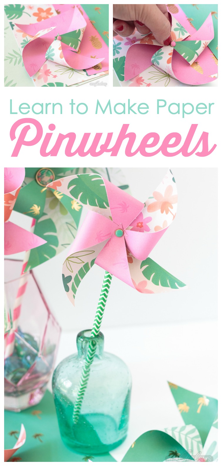 Need to add a festive touch to any occasion? Grab some pretty patterned scrapbook paper and I'll show you how to make pinwheels. They're so easy to make, even kids can help! Use your homemade pinwheels for party banners, cupcake toppers, centerpieces and more. #papercrafts #pinwheels #scrapbookpaper