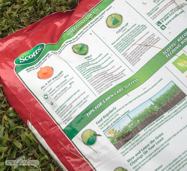 bag of Scotts Turf Builder Lawn Food lying on grass