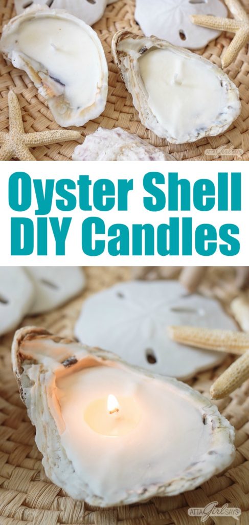 collage photo, labeled oyster shell DIY candles, showing a grouping of oyster shell candles on a woven seagrass mat with sand dollars and starfish in the background