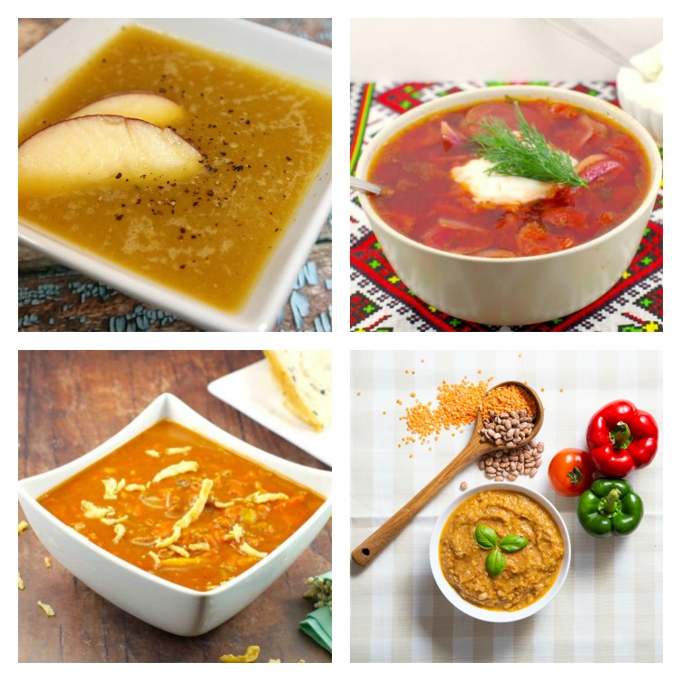 four photos of bowls of soup